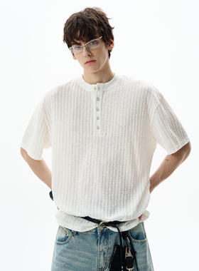 MADWITCH复古亨利领坑条针织短袖男女宽松休闲肌理感美式T恤上衣
