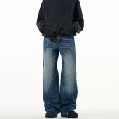 男高街vibe潮流水洗直筒微喇裤 MADWITCH美式 复古闪电爆裂纹牛仔裤