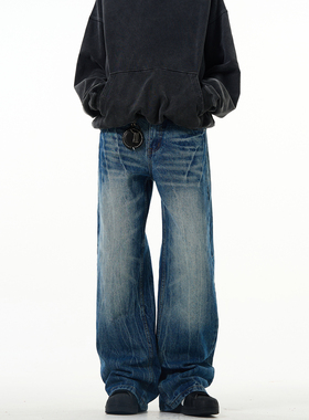 MADWITCH美式复古闪电爆裂纹牛仔裤男高街vibe潮流水洗直筒微喇裤