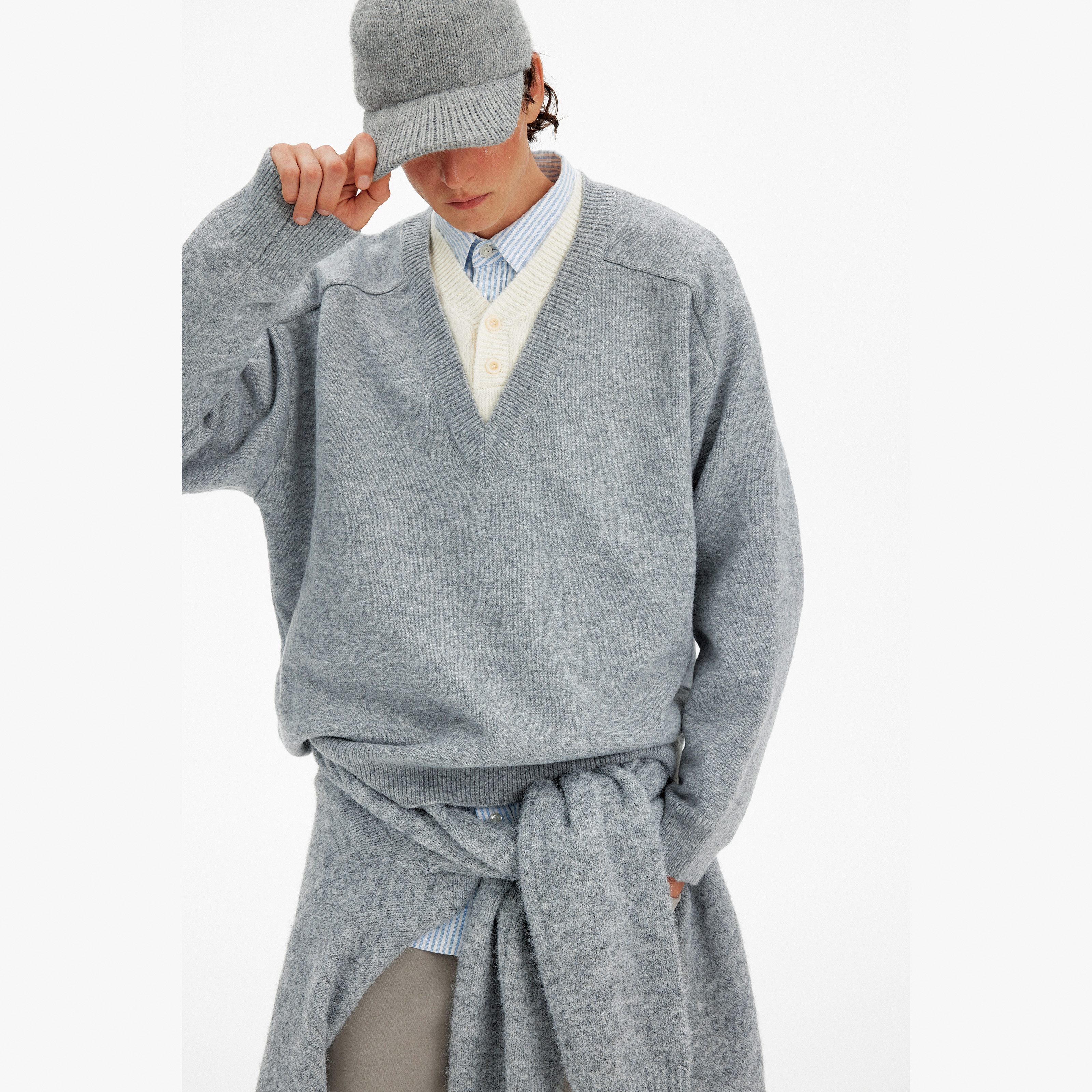 MADWITCH美式复古假两件V领毛衣