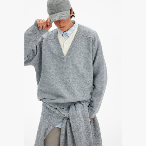 MADWITCH美式复古假两件V领毛衣