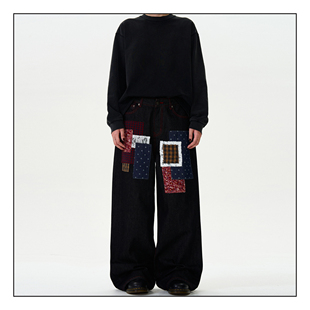 MADWITCH原创小众设计感贴布拼接牛仔裤男宽松休闲直筒阔腿裤子潮