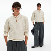 MADWITCH美式 复古绞花半拉链毛衣男女秋冬休闲慵懒风软糯针织衫 潮