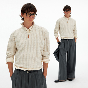 MADWITCH美式复古绞花半拉链毛衣男女秋冬休闲慵懒风软糯针织衫潮