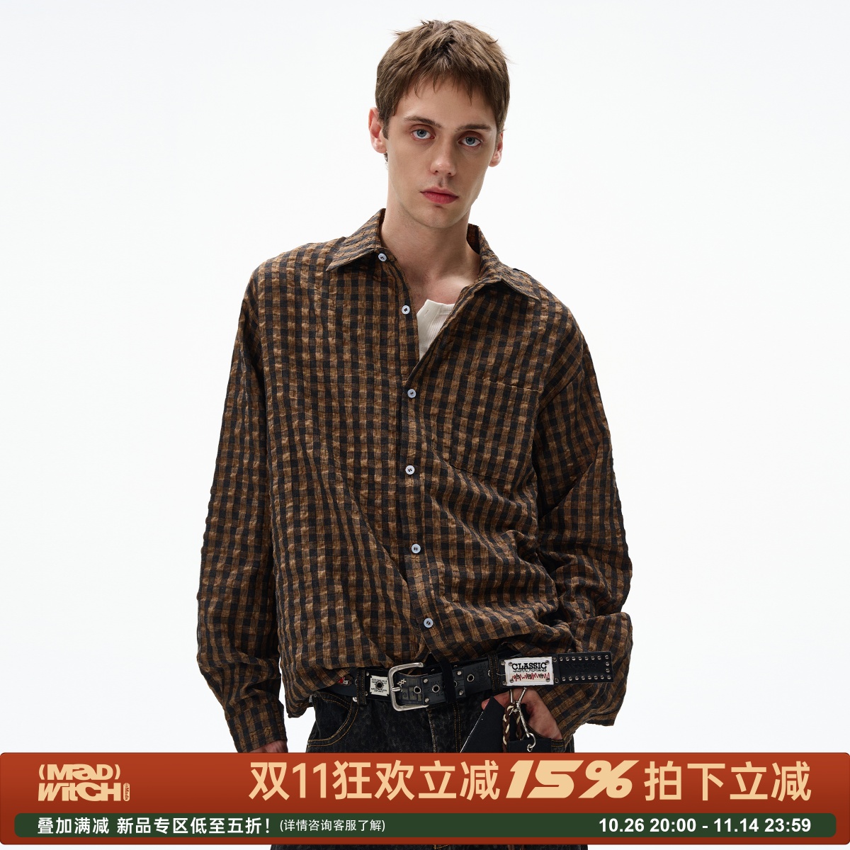 MADWITCH复古褶皱格纹泡泡纱长袖