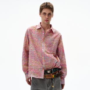 MADWITCH复古肌理感泡泡纱长袖 男女撞色多巴胺格纹情侣上衣潮 衬衫