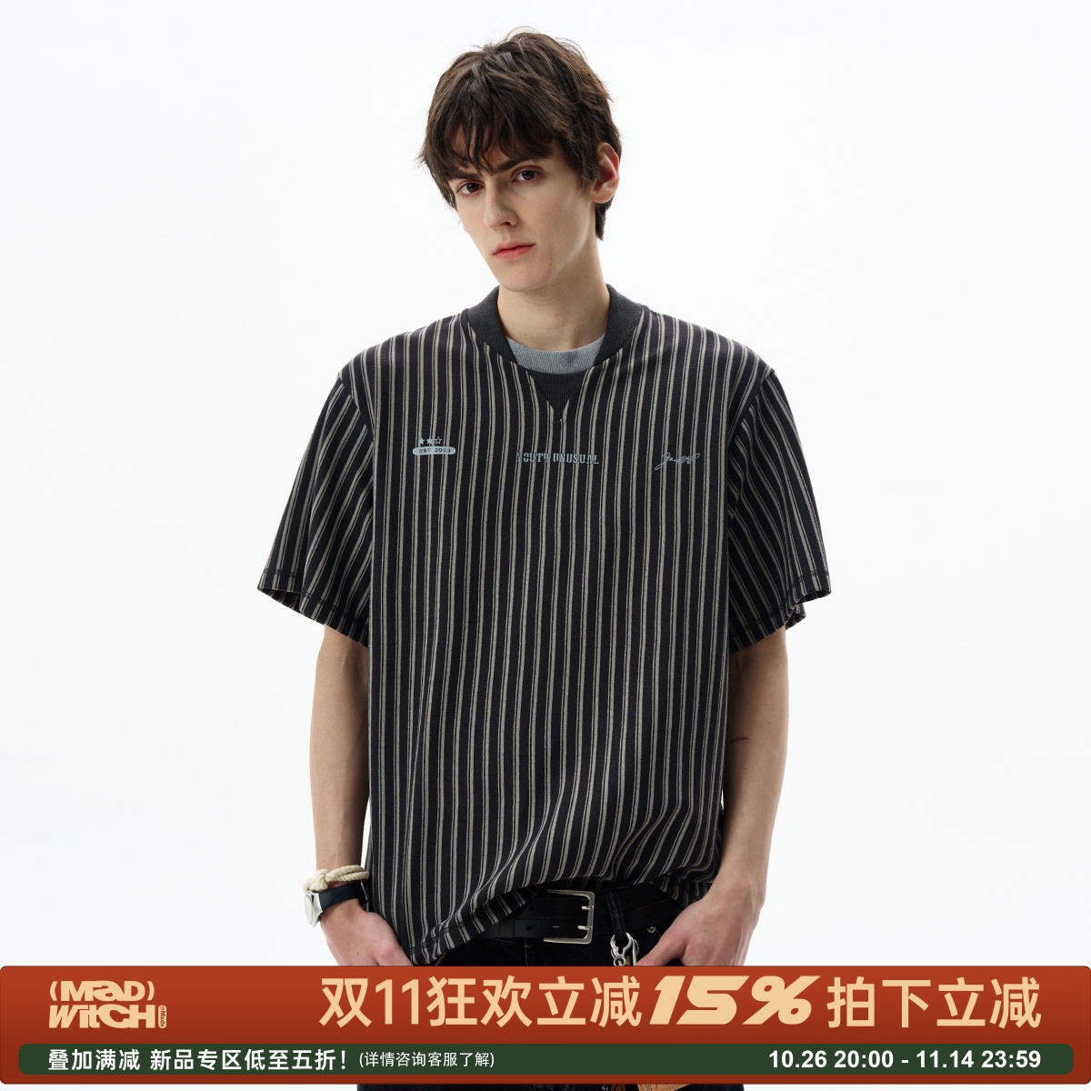 MADWITCH复古假两件设计条纹短袖