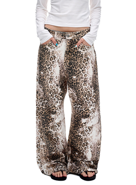 MADWITCH复古高街重工水洗豹纹休闲裤男女宽松阔腿设计感痞帅裤子