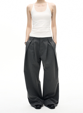 MADWITCH美式细条纹双褶垂感休闲西裤男女复古宽松拖地裤子长裤潮