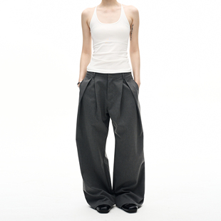 MADWITCH美式细条纹双褶垂感休闲西裤男女复古宽松拖地裤子长裤潮