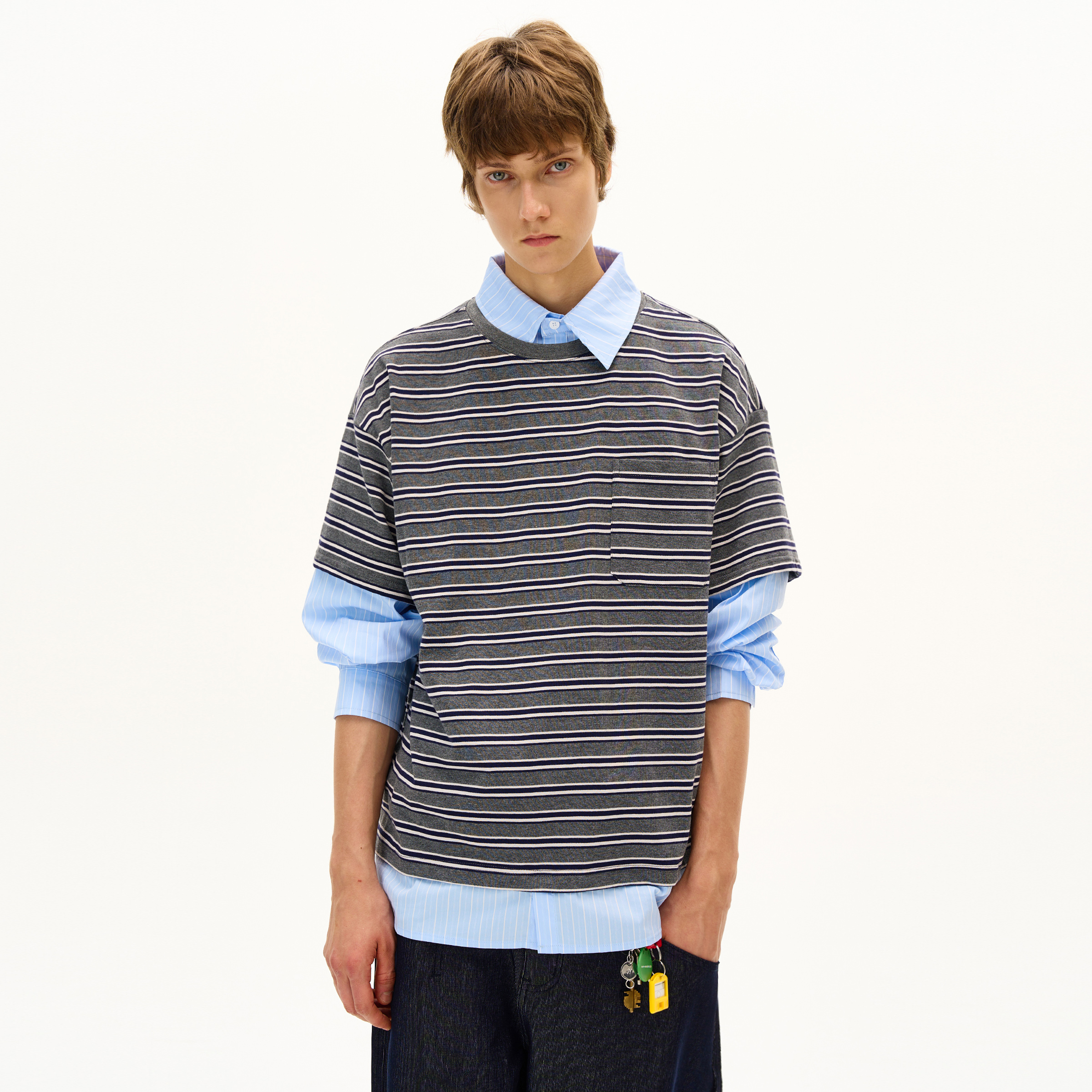 MADWITCH假两件拼接衬衫领长袖T