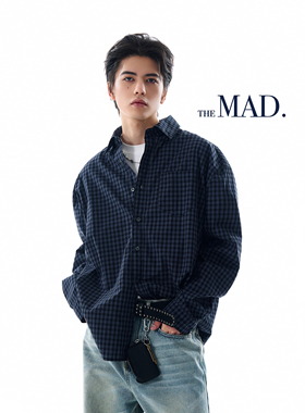 MADWITCH美式通勤蓝色格子衬衫外套男女宽松休闲松弛感情侣衬衣潮