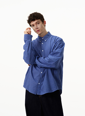 MADWITCH美式复古经典蓝色格子衬衫男女cleanfit休闲高级感衬衣潮