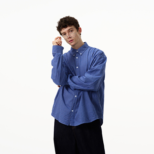 MADWITCH美式复古经典蓝色格子衬衫男女cleanfit休闲高级感衬衣潮