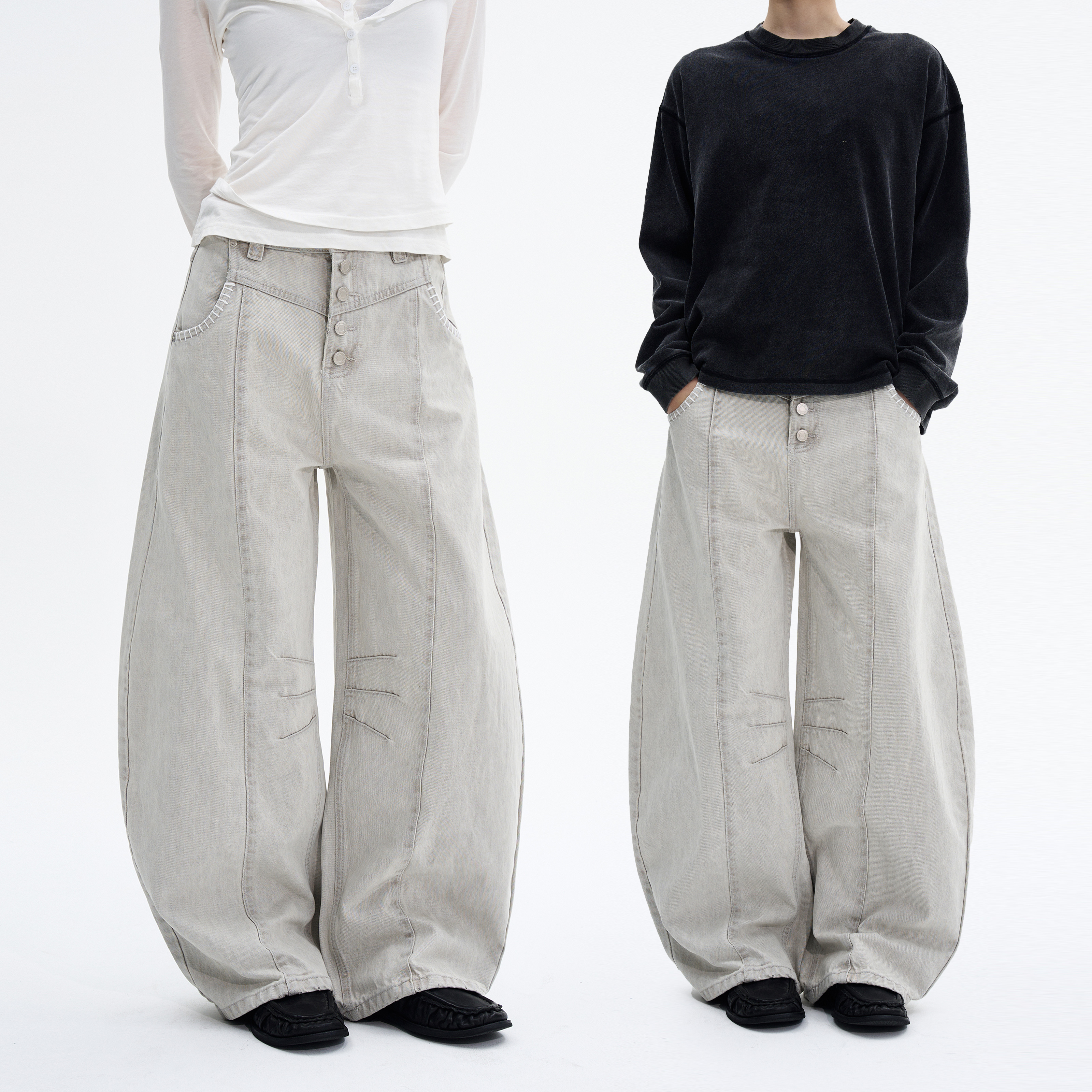 MADWITCH美式水洗磨白排扣工装裤