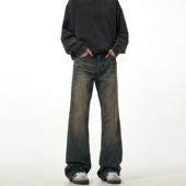 MADWITCH新款 子 vintage直筒裤 复古vibe水洗做旧微喇牛仔裤 男美式