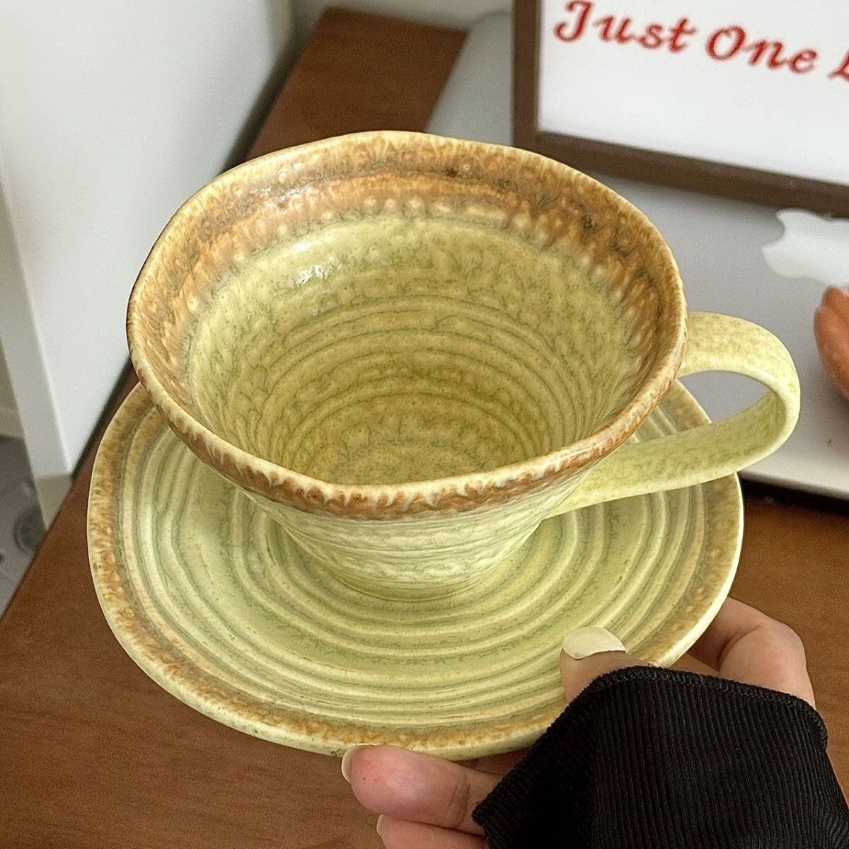 复古陶瓷马克杯粗陶异形咖啡拿铁杯窑变釉早餐杯水杯咖啡杯碟