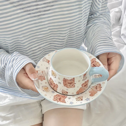 法式可爱描边奶蓝星星小狗复古咖啡杯碟套装下午茶陶瓷杯子