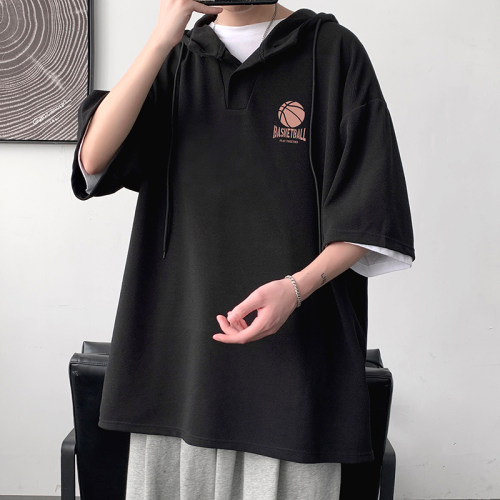 LD54237-P45 连帽短袖t恤男大码胖子带帽五分袖中袖 大皂风