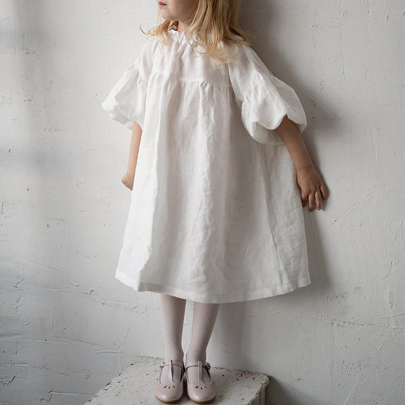女童棉麻连衣裙夏季白色罩衫灯笼袖儿童森系复古公主裙宝宝裙子
