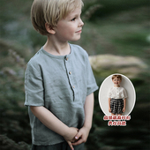 衬衫 夏季 北欧风男童女亚麻衬衣透气宝宝T恤上衣薄 棉麻短袖 儿童装