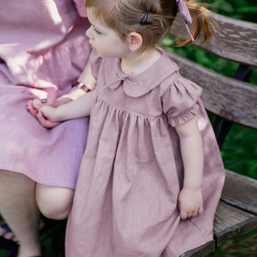 莱赛尔女童连衣裙夏季粉紫色儿童短袖娃娃裙森系宝宝公主裙洋气