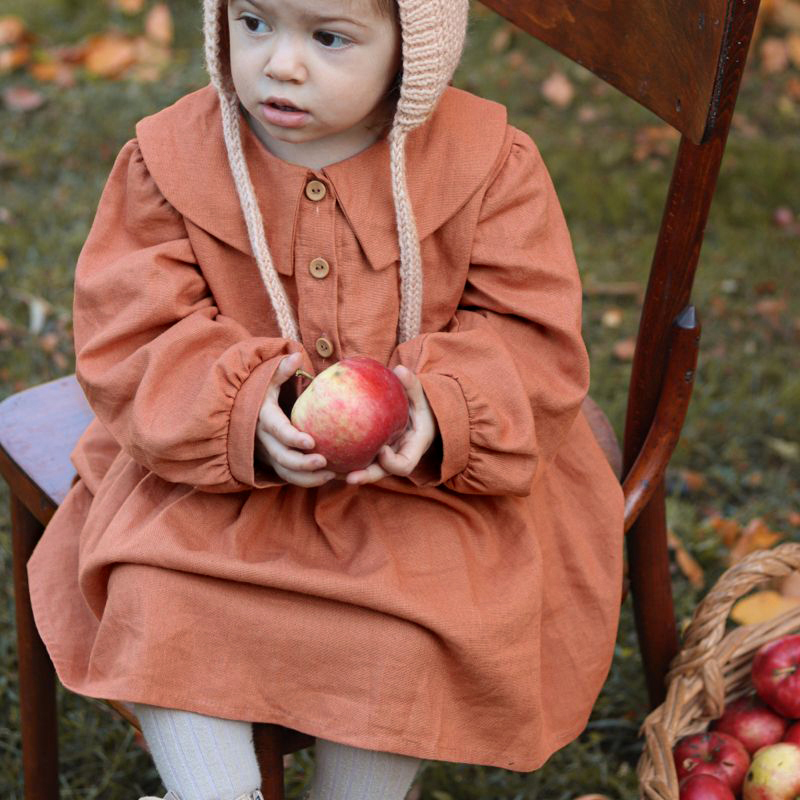 秋冬女童棉麻连衣裙橘红色儿童长袖裙子娃娃领女宝宝公主裙洋气