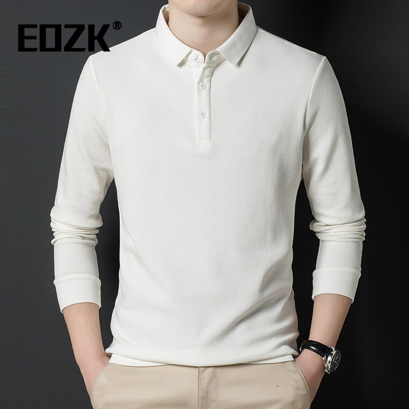 Eozk时尚休闲男士polo衫2025秋季款翻领宽松纯色长袖t恤百搭上衣