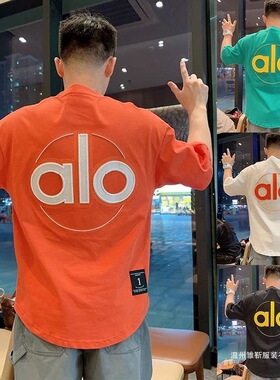 2026夏季新款alo圆领纯棉短袖男刺绣字母美式T恤男潮流上衣男款