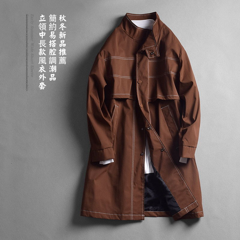 春季新品男士薄款风衣外套中长款潮流立领辑明线简约宽松休闲大衣