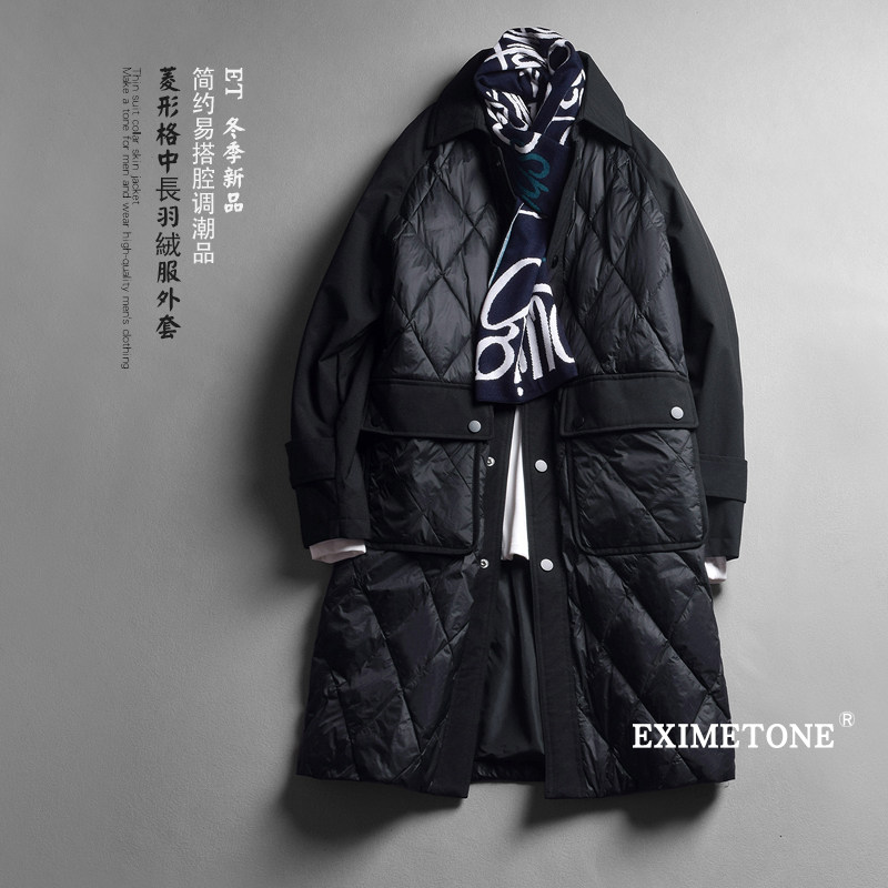 2024秋冬装男士翻领轻薄款羽绒服中长款休闲菱形格白鸭绒衣外套