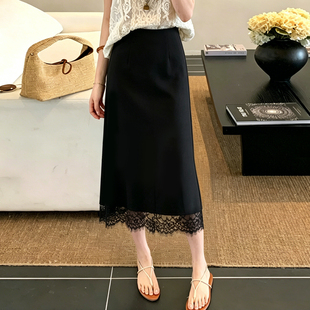 黑色西装半身裙女2026新款夏季蕾丝拼接半裙中长款显瘦高腰包臀裙