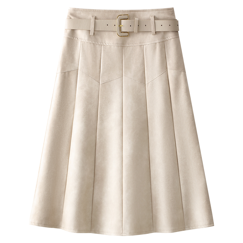 米白色A字半身裙女2024新款春秋款气质百褶皮裙今年流行爆款半裙