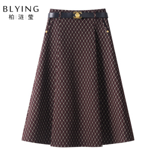 安可拉红格子半身裙女秋2025新款 大摆裙伞裙 高腰气质A字裙中长款