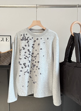 意大利MaM 圆领长袖t恤亮片毛圈棉百搭宽松减龄上衣无标款