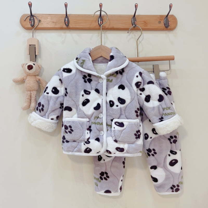 儿童睡衣套装男女童冬季加绒加厚三层夹棉宝宝卡通家居服纯棉保暖