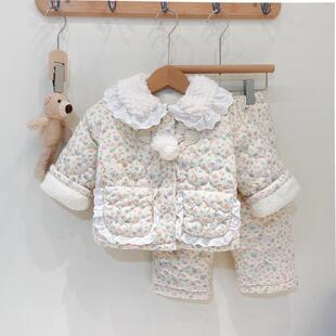 女童居家加绒睡衣2024冬女小童韩版四层夹棉加厚家居服女宝宝睡衣