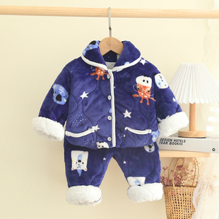 男女童冬季加厚家居服棉服三层夹棉宝宝卡通加绒保暖居家睡衣套装