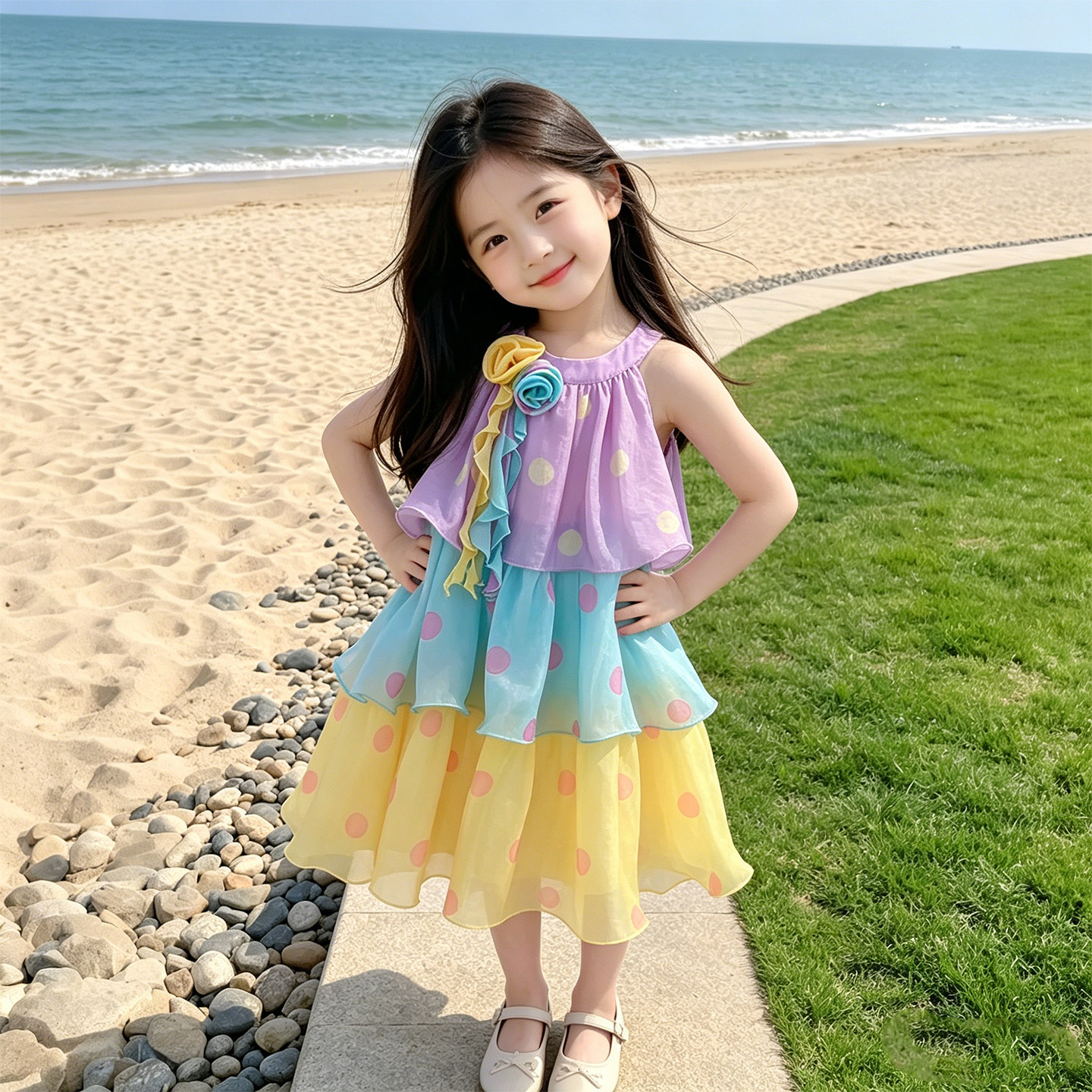 女童夏季彩色波点连衣裙无袖蛋糕裙宝宝洋气公主裙海边度假背心裙