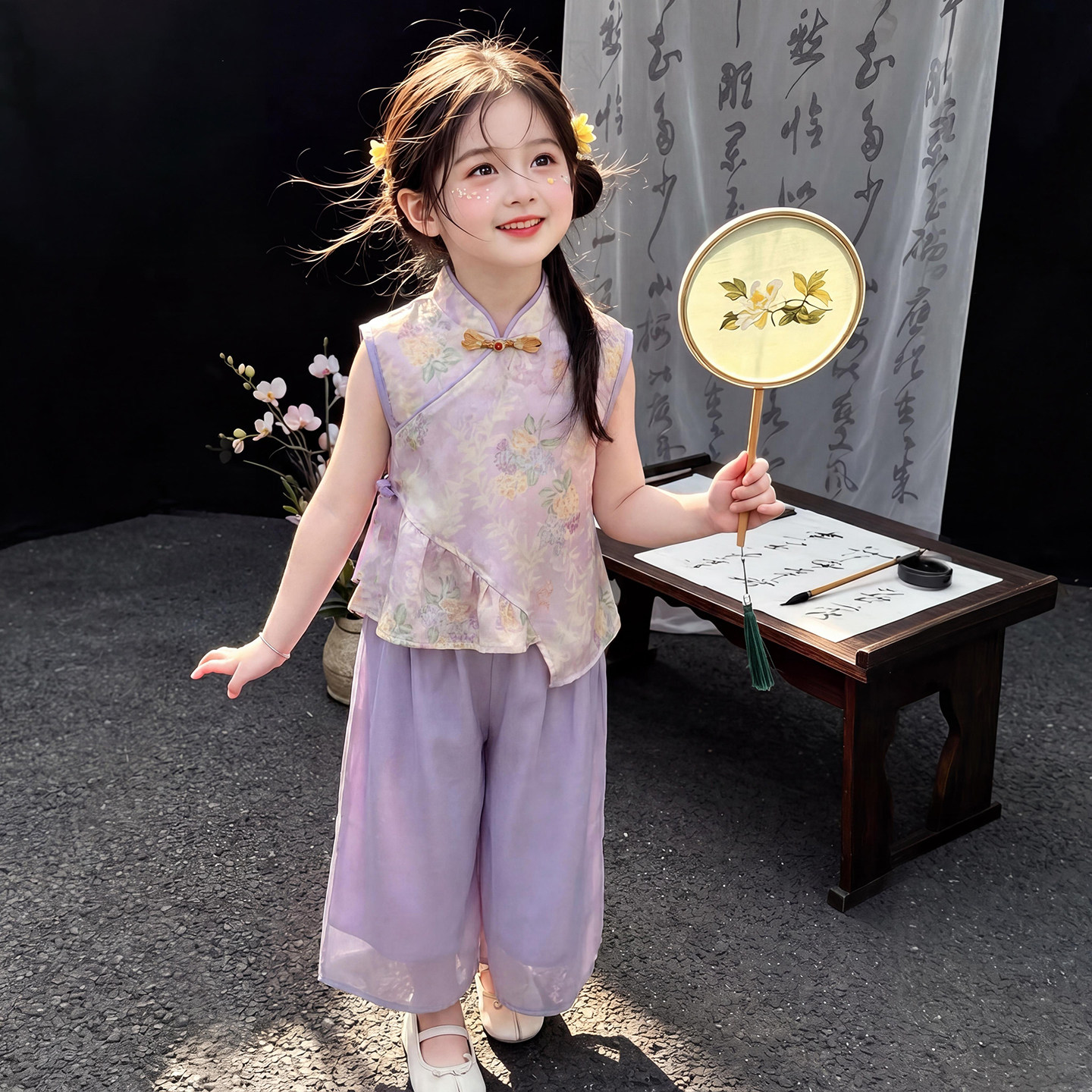 女童新中式国风汉服套装宝宝夏季儿童盘扣花卉薄款两件套生日礼服