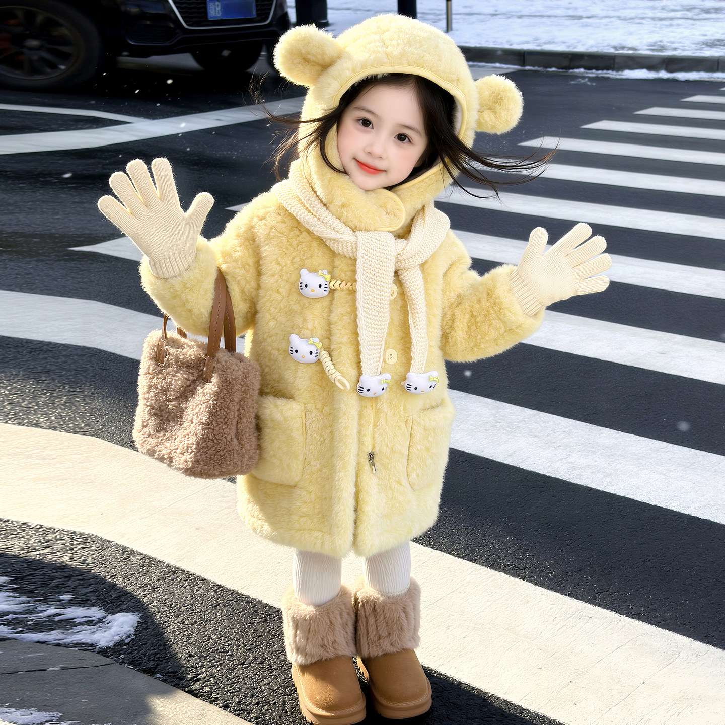女童加绒毛毛衣外套2026新款宝宝冬季洋气连帽羊羔绒加厚保暖上衣