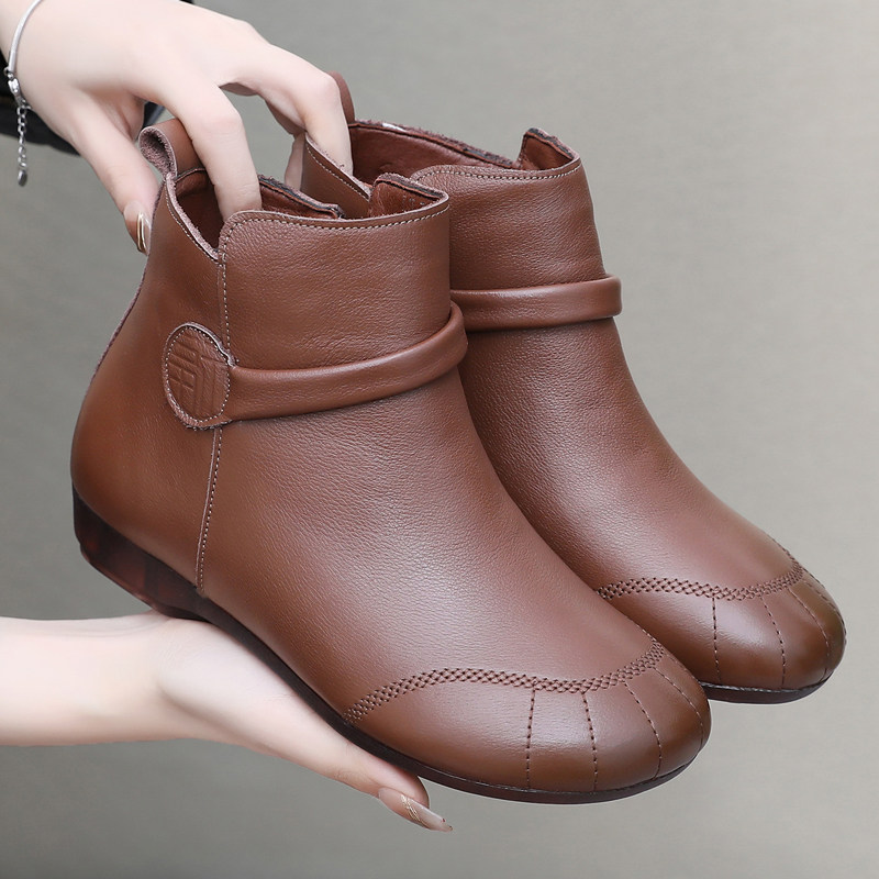 牛筋底秋冬短靴女头层牛皮舒适圆头中老年妈妈鞋平底防滑加绒棉靴,女鞋,时装靴,淘宝优惠券,粉丝福利购,淘宝优惠卷