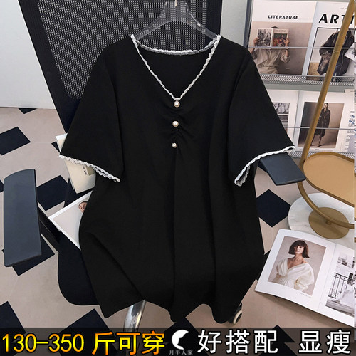特大码蕾丝花边V领T恤女正肩短袖
