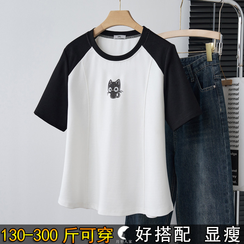 240斤特大码小个子猫咪短袖T恤女夏季200胖mm加肥宽松显瘦240上衣