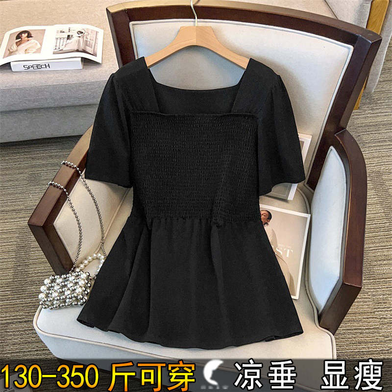 特大码方领百褶正肩短袖女夏加肥