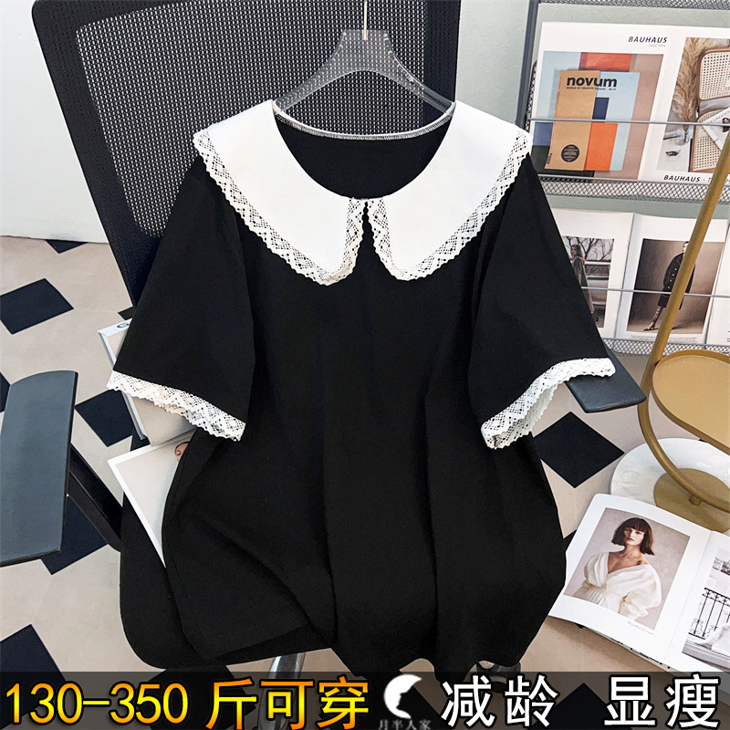 特大码蕾丝拼接娃娃领法式短袖女