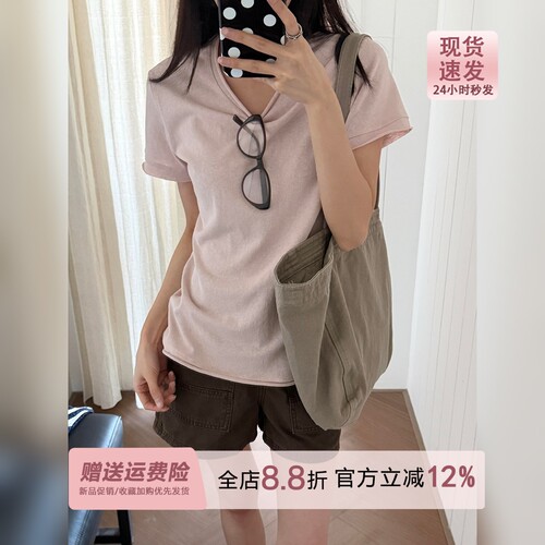 淡慕粉雪花棉卷边圆领短袖T恤女夏季2026新款亲肤凉感tee正肩上衣
