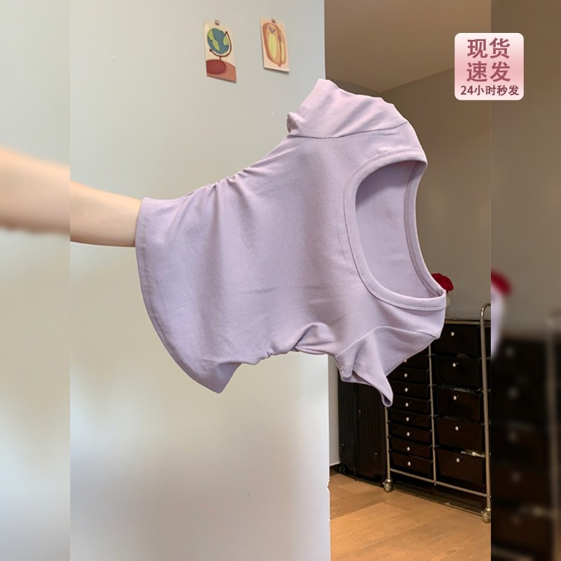 miu系香芋紫色掐腰方领短袖T恤女夏季2026新款修身褶皱短款bm上衣