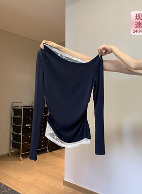 藏蓝色纯欲斜肩露肩修身长袖T恤女2026春秋季蕾丝打底衫上衣内搭