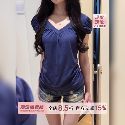 韩系穿搭藏蓝色超显白v领短袖t恤女夏季设计感泡泡袖正肩修身上衣
